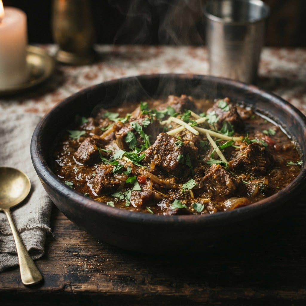 Indian beef gravy with tender beef chunks in thick dark savory curry sauce garnished with coriander
