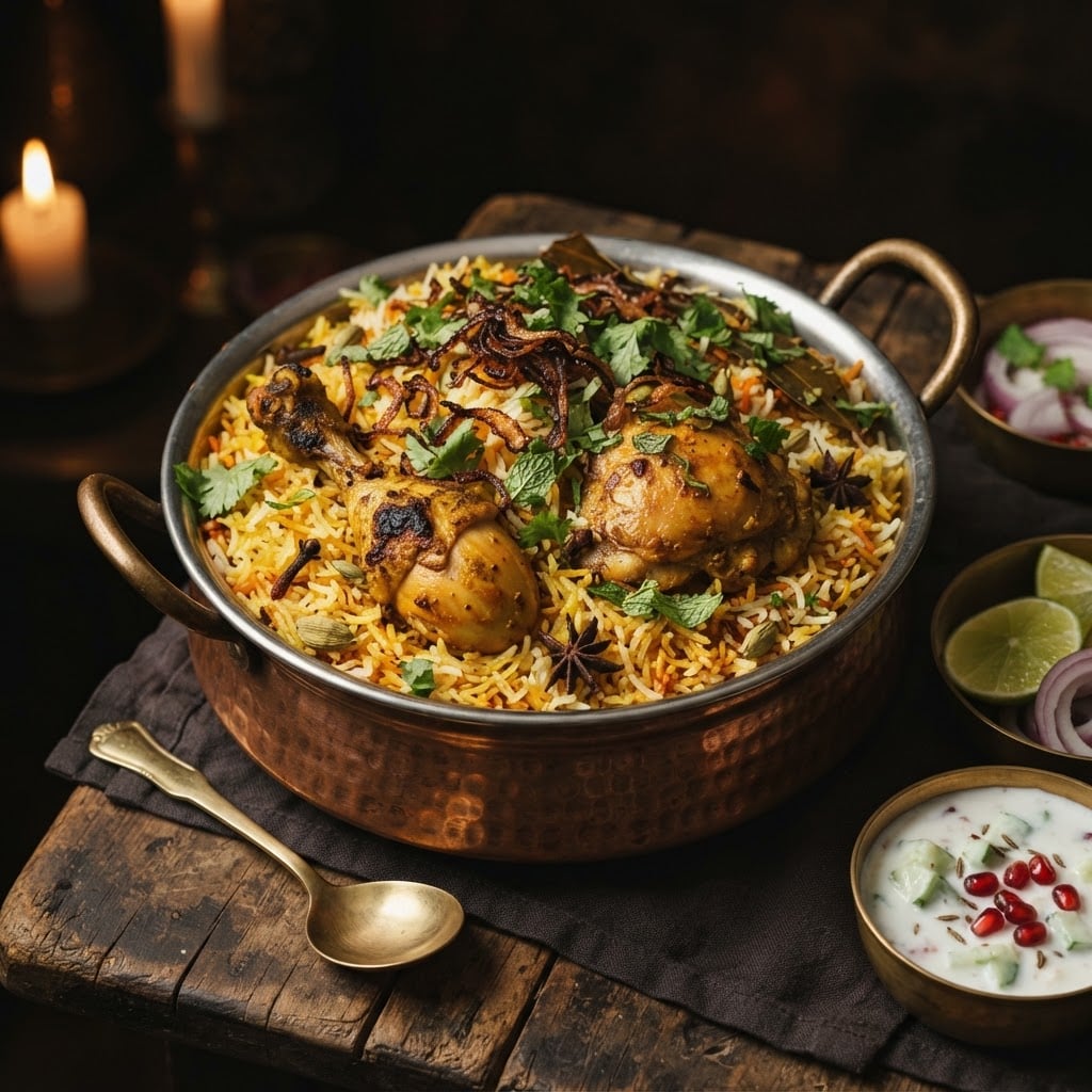 Authentic chicken biryani with whole chicken pieces, golden saffron rice and crispy fried onions in a copper handi pot
