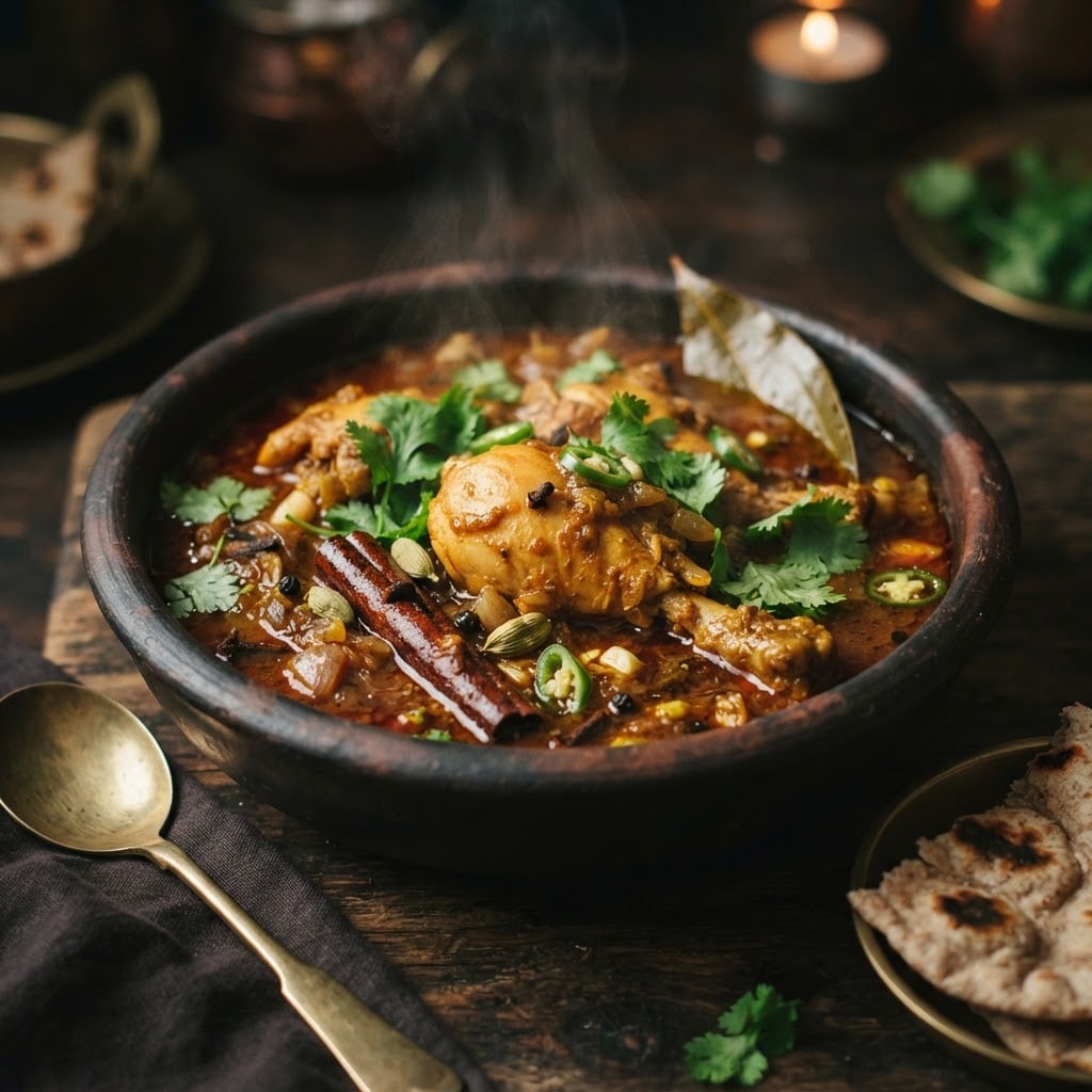 Rich chicken curry with tender bone-in pieces in aromatic reddish-brown spiced gravy garnished with cilantro