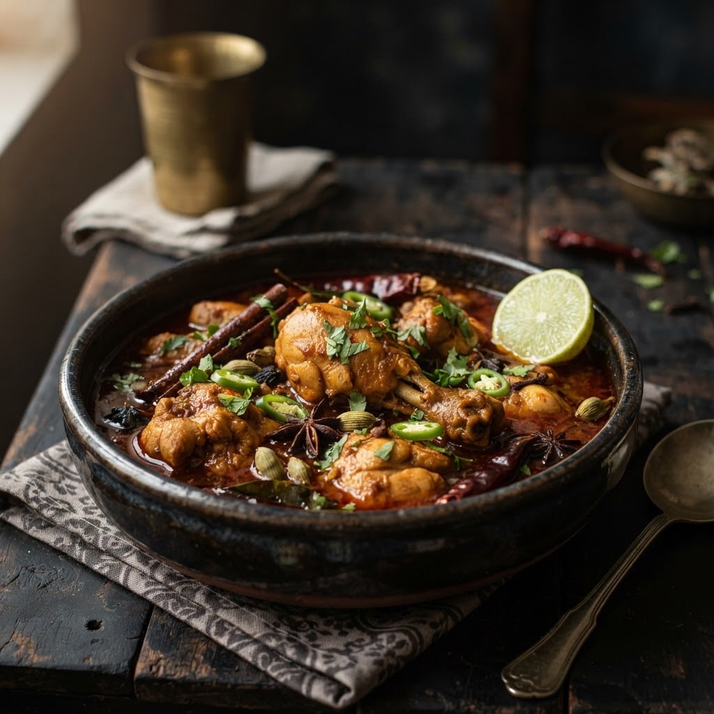 Rich chicken curry with tender pieces in thick reddish-brown aromatic spiced gravy with coriander garnish