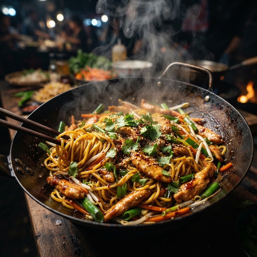 Asian stir-fried chicken noodles with egg noodles, chicken strips, vegetables and soy sauce glaze