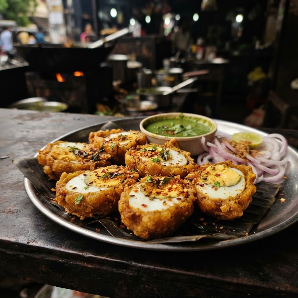 Egg bajji whole boiled eggs coated in golden crispy spiced gram flour batter deep-fried