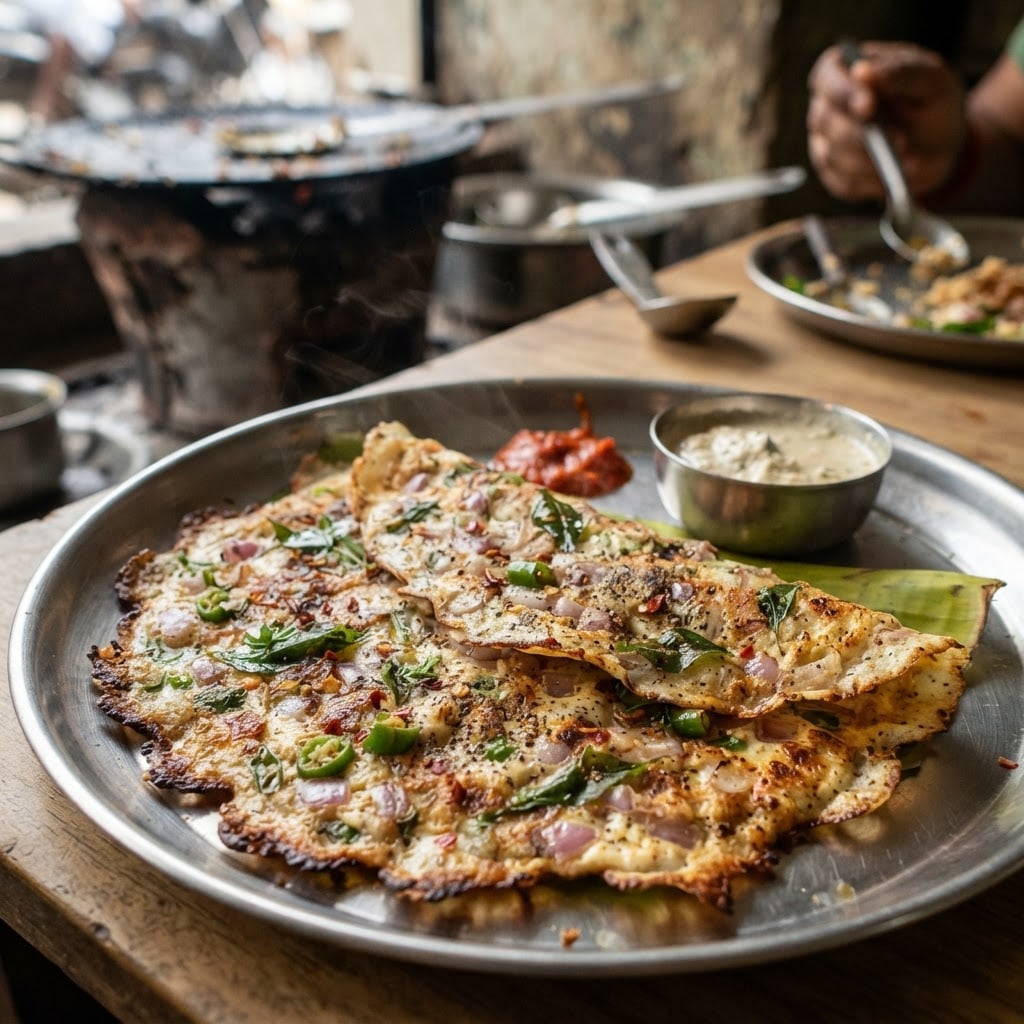 South Indian Tamil Nadu style thin flat spiced egg omelette with onions, green chillies and curry leaves on a steel plate