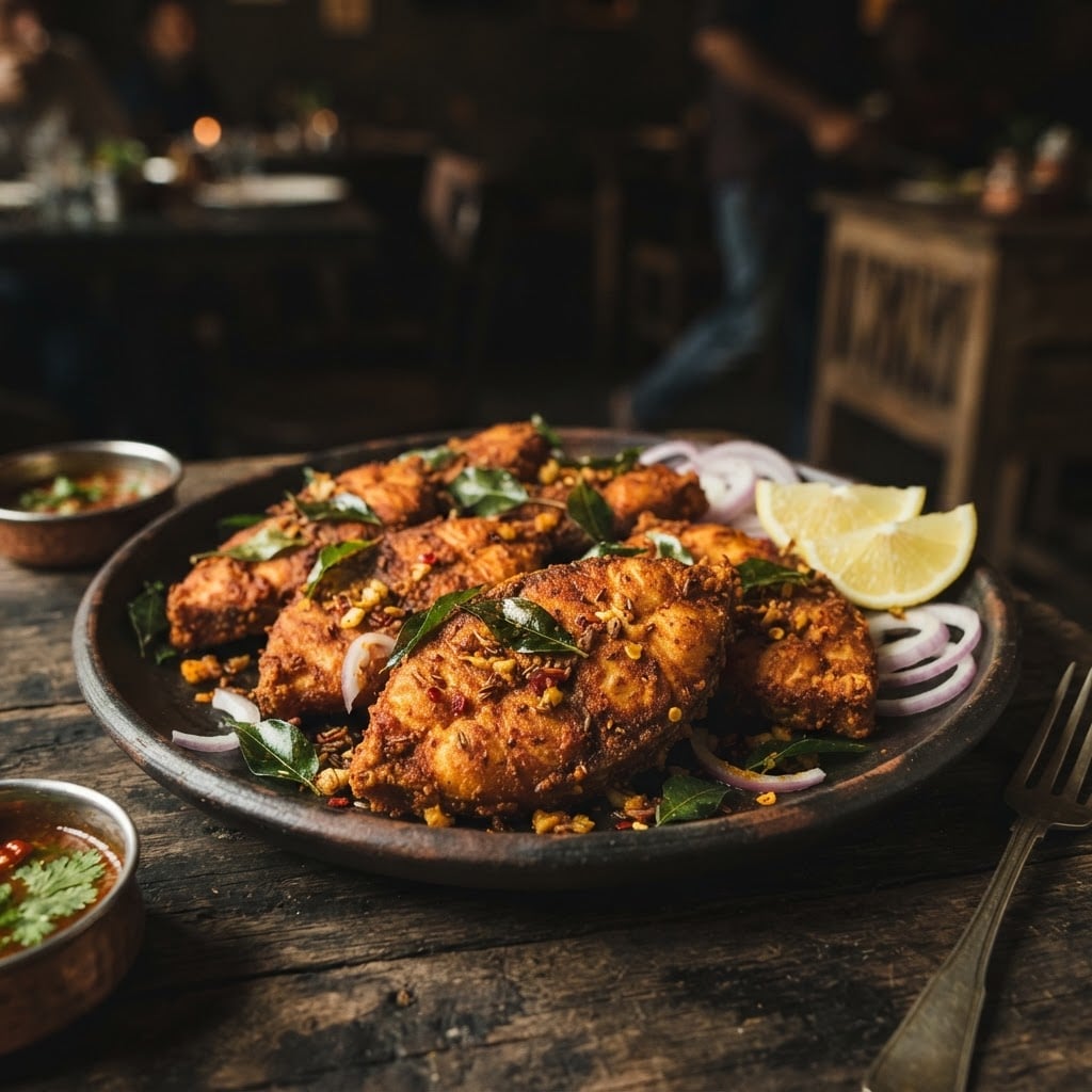 Indian-style crispy fried fish with spiced masala coating, lemon wedges and curry leaves