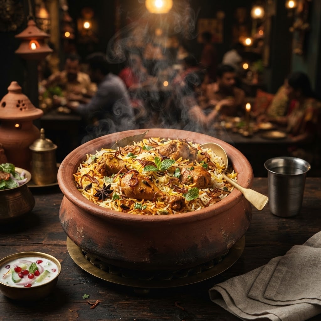 Our kitchen team preparing a fresh halal biryani pot at Manha Cloud Kitchen in Bang Rak, Bangkok