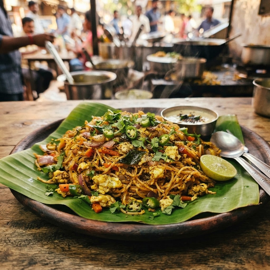 Idiyappam kothu stir-fried string hoppers with eggs, vegetables and aromatic spices