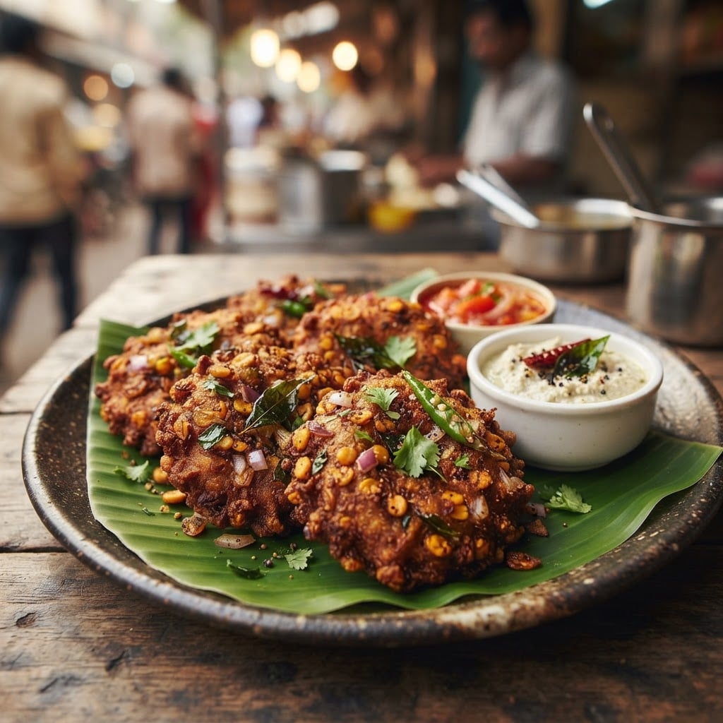 Masala Vadai flat spiced chana dal fritter with visible onions green chilies and curry leaves