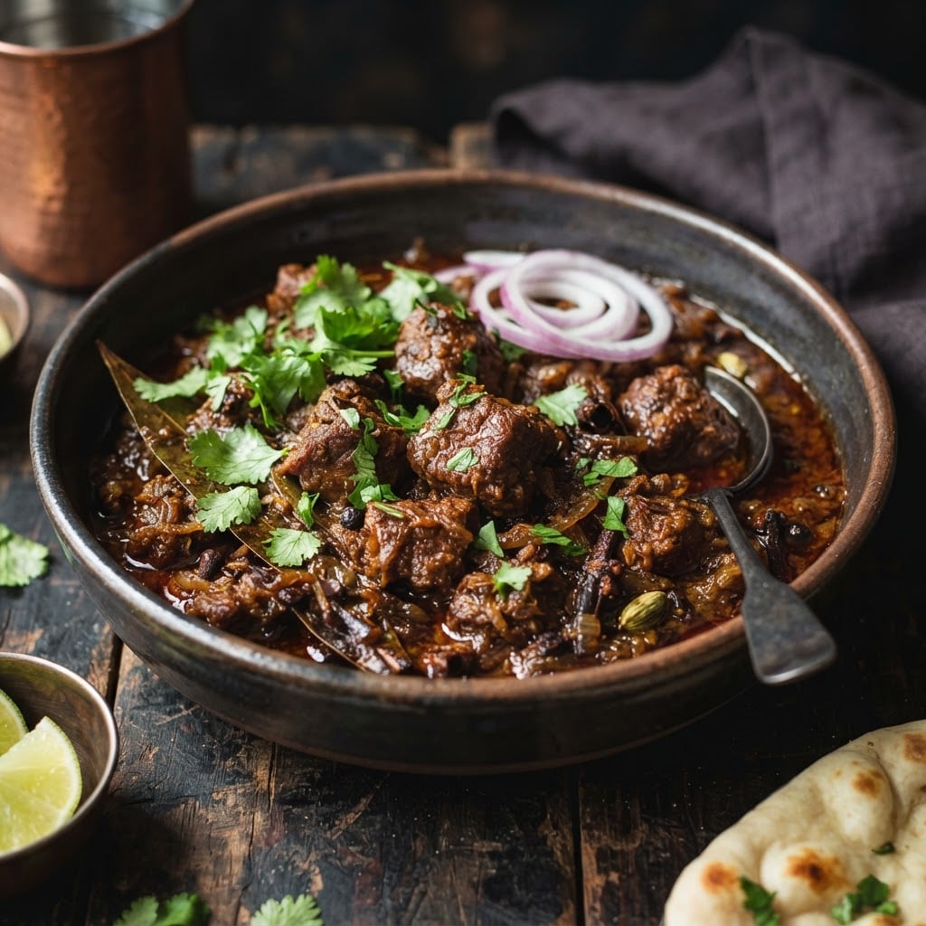 Mutton boti curry with bite-sized boneless mutton pieces in rich reddish-brown spiced curry gravy