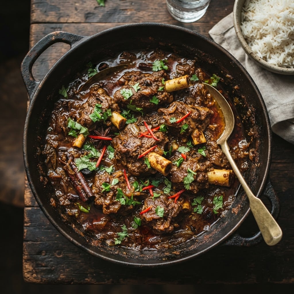 Mutton curry with bone-in tender mutton pieces slow-cooked in thick dark brown spiced gravy