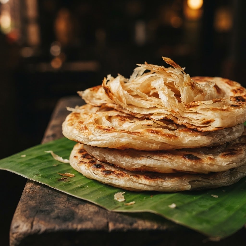 Soft flaky layered South Indian plain parotta bread stacked on a plate, no curry