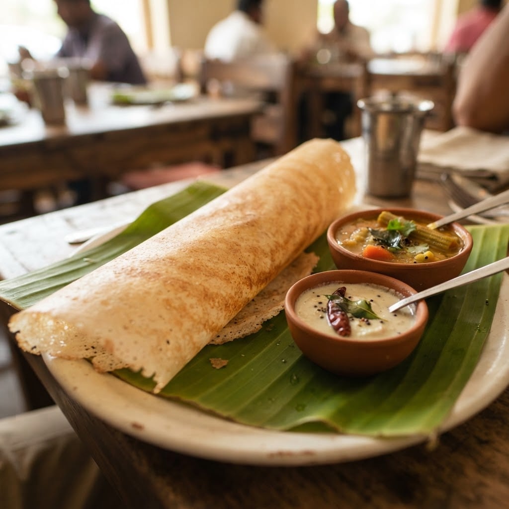 Crispy golden dosa South Indian crepe served with sambar and chutney