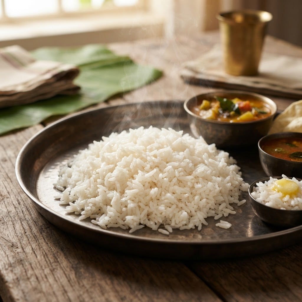 Cooked soft and fluffy Indian Ponni white boiled rice served on a plate