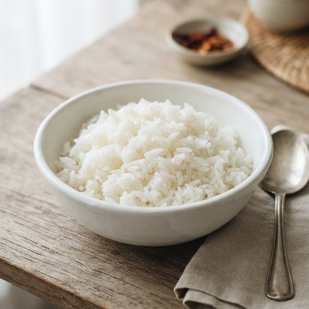 Steamed Thai jasmine boiled rice, fluffy white grains in a white ceramic bowl