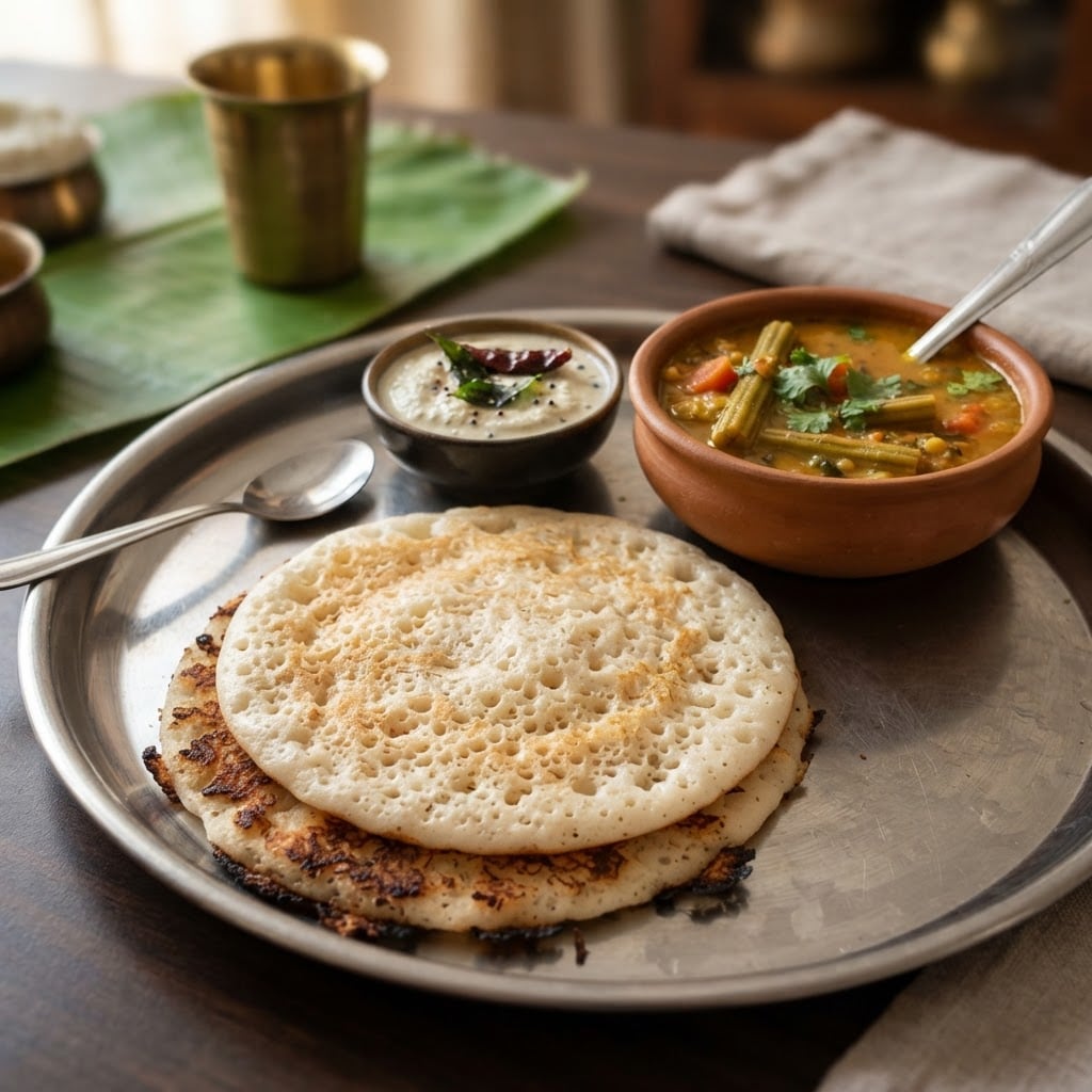 Thick fluffy uttapam South Indian pancake on a plate